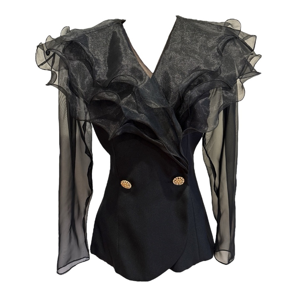 80s ALEX EVENINGS BLACK FITTED BLOUSE W DEEP SHEER RUFFLED & SHEER SLEEVES SZ 10
